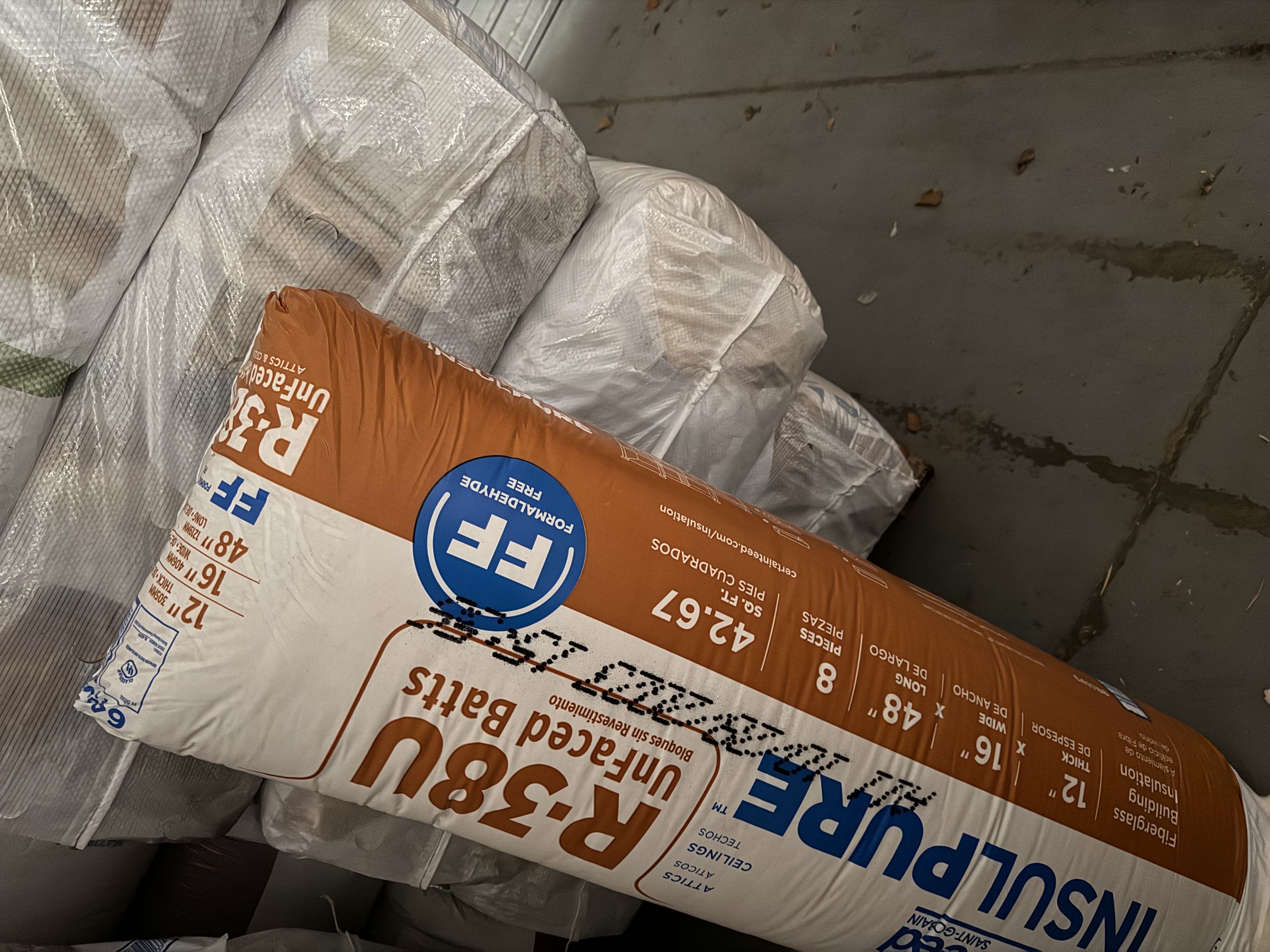 R-38 Unfaced Fiberglass insulation 16 inch wide - 42sqft per bag - For ceilings and attics