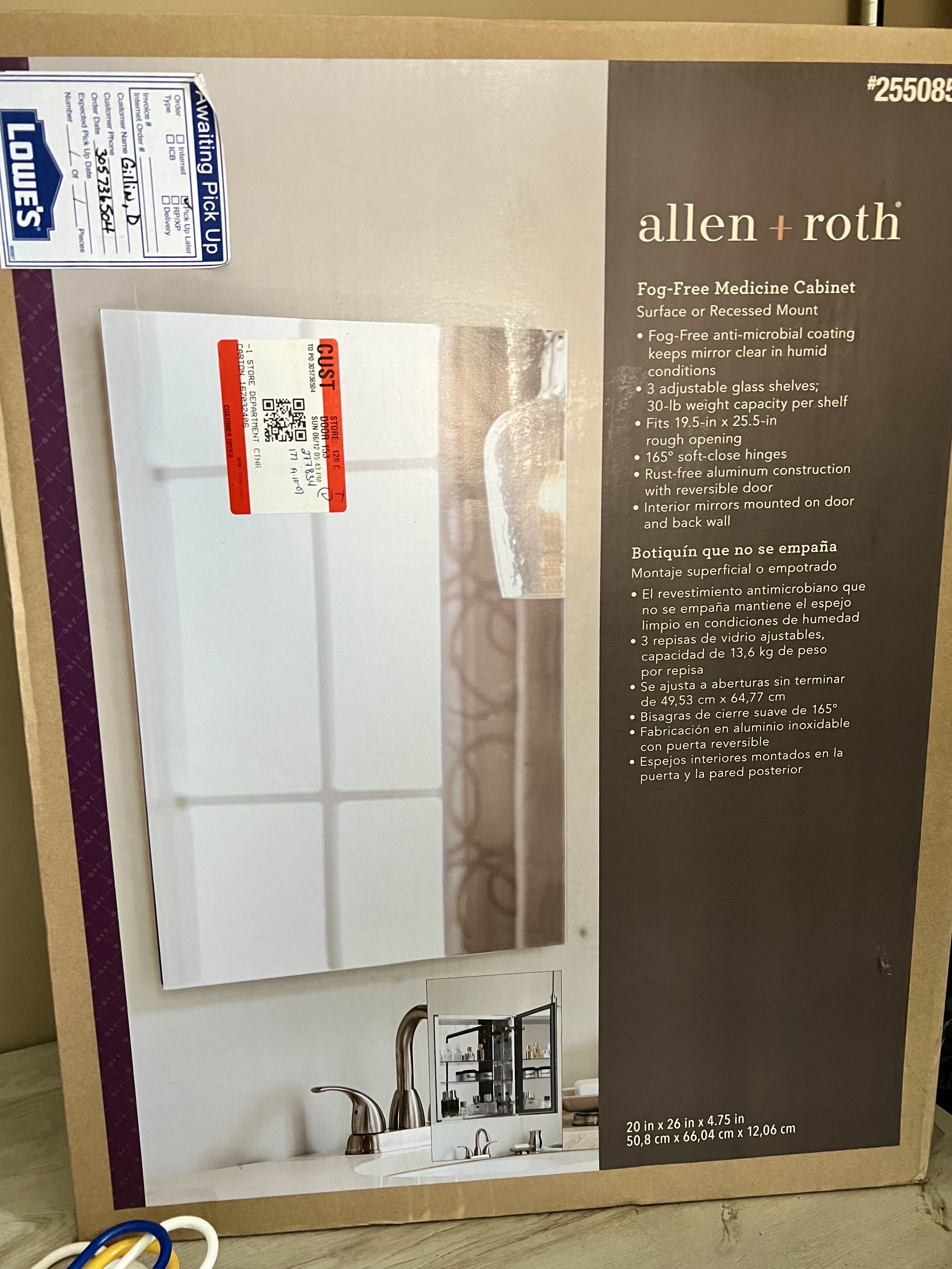 Allen and Roth fog Free medicine cabinet 20”x 26”
