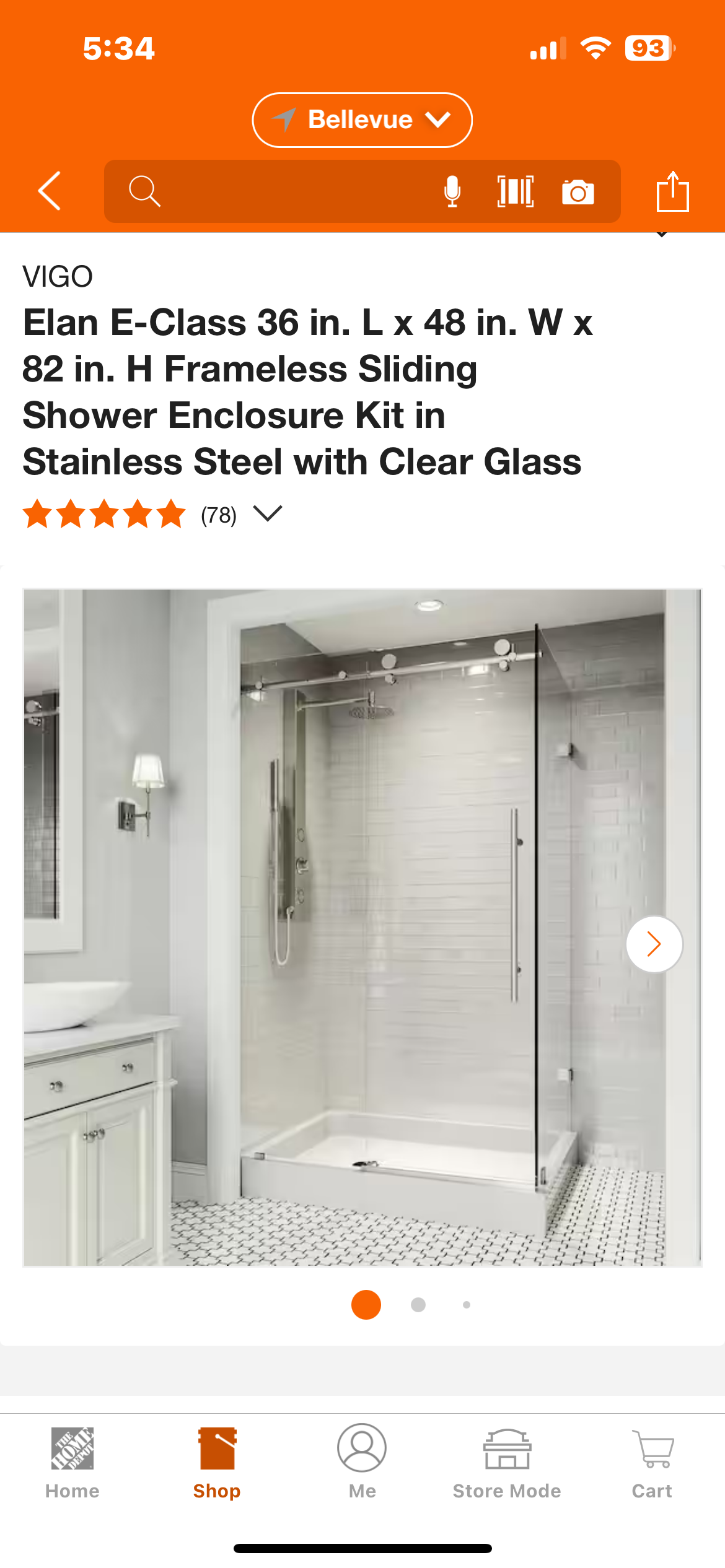 Vigo Elan frameless shower enclosure 48”width by 36”depth 