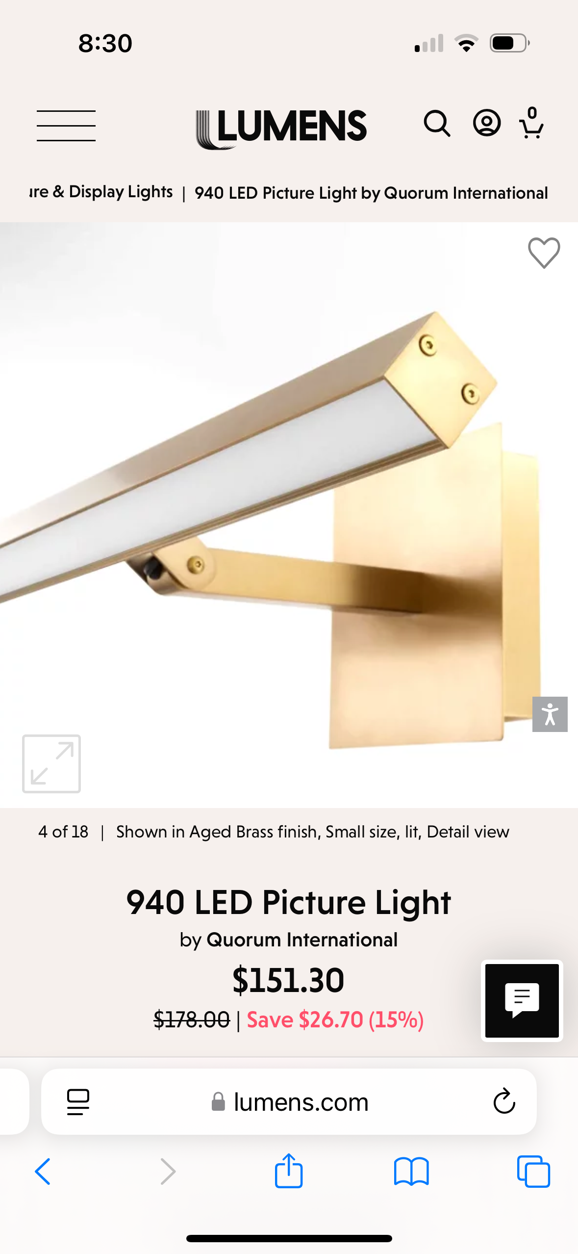 Quorom 
Aged Brassa
18* LED PICTURE LIGHT AGED BRONZE 940-18-80