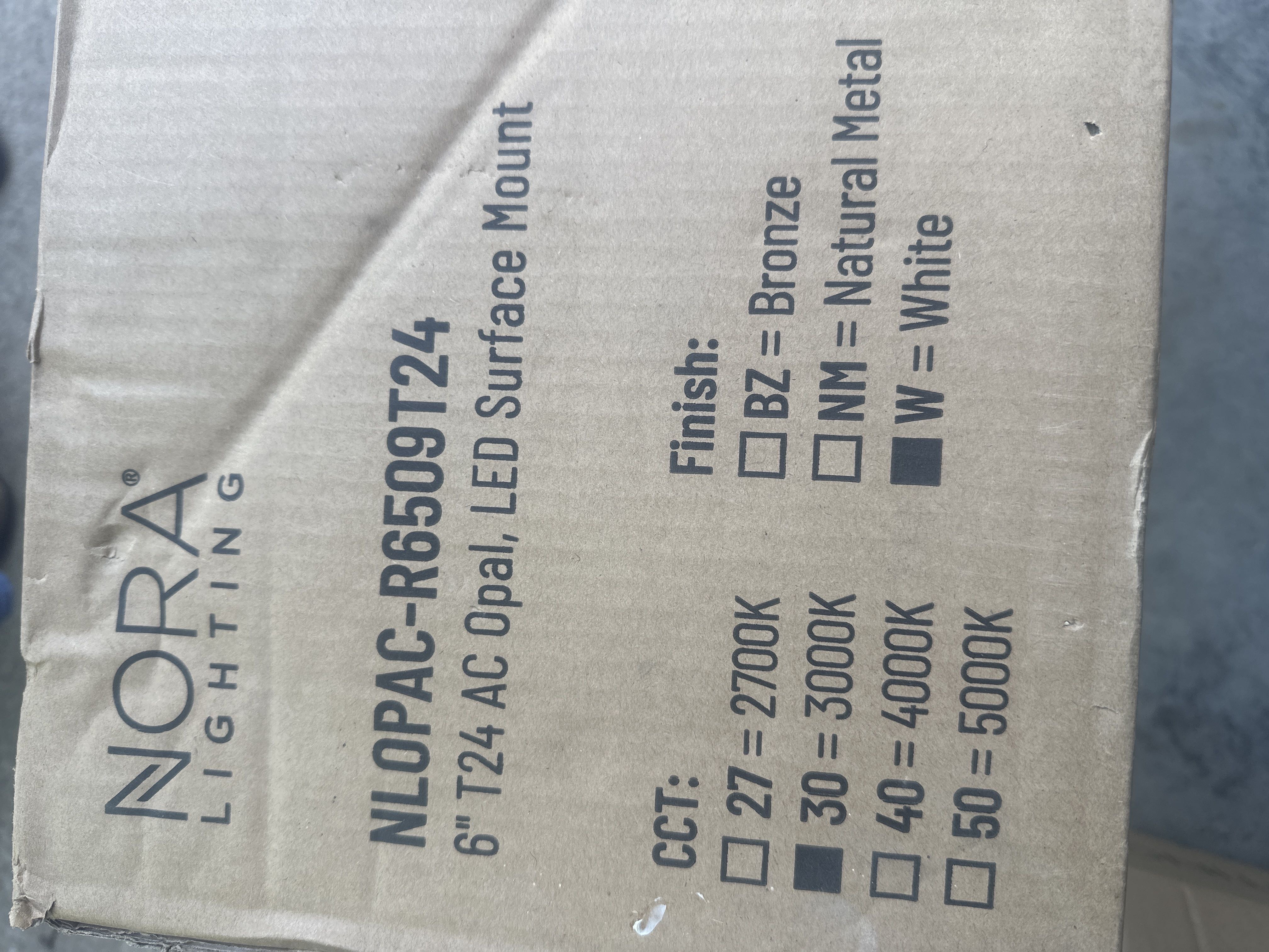 LED Surface mount 6” lights, retrofitable, white- Nora Lighting. 1 box with 24 lights total 