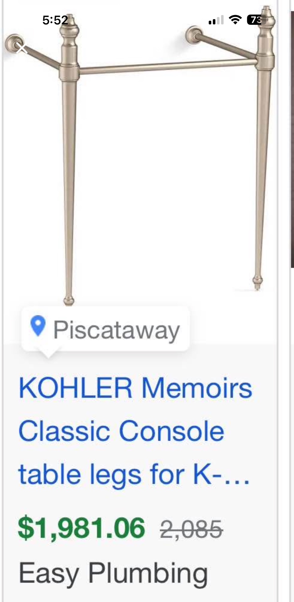 Kohler Memoirs Console sink  legs and Artifacts Towel Ring