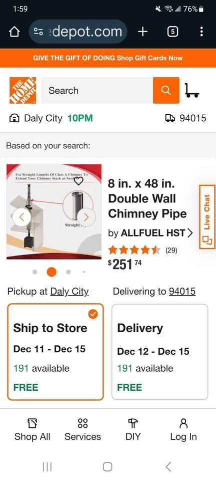 48" Section Double Wall Pipe, Galvanized (For Fireplace)