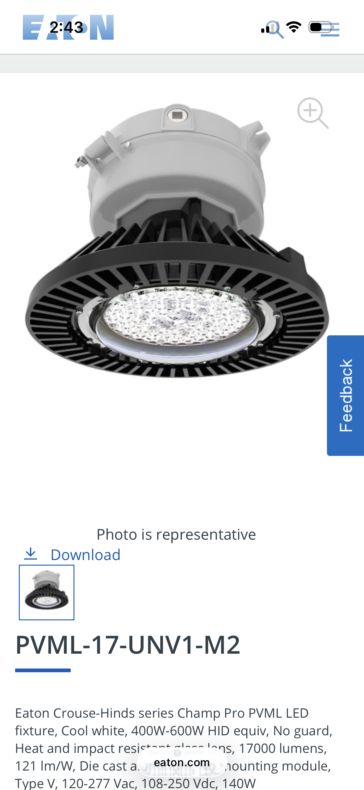 
Eaton Crouse-Hinds series Champ Pro PVML LED light fixture 