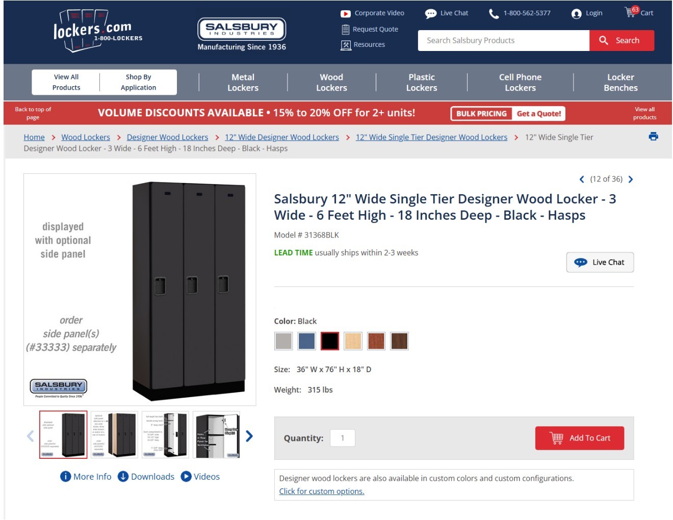 Salsbury 12" Wide Single Tier Designer Wood Locker-3 Wide-6 Feet High-18 Inches Deep-Black-Hasps