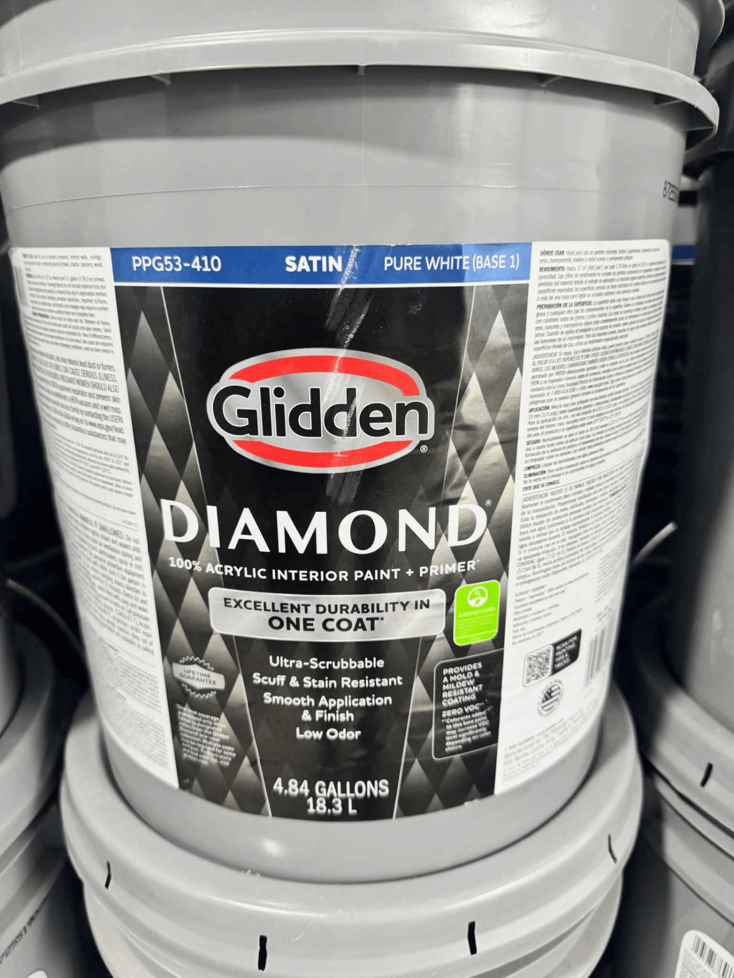 Glidden Diamond Pure White Satin Interior Paint and Primer 5 Gal. 