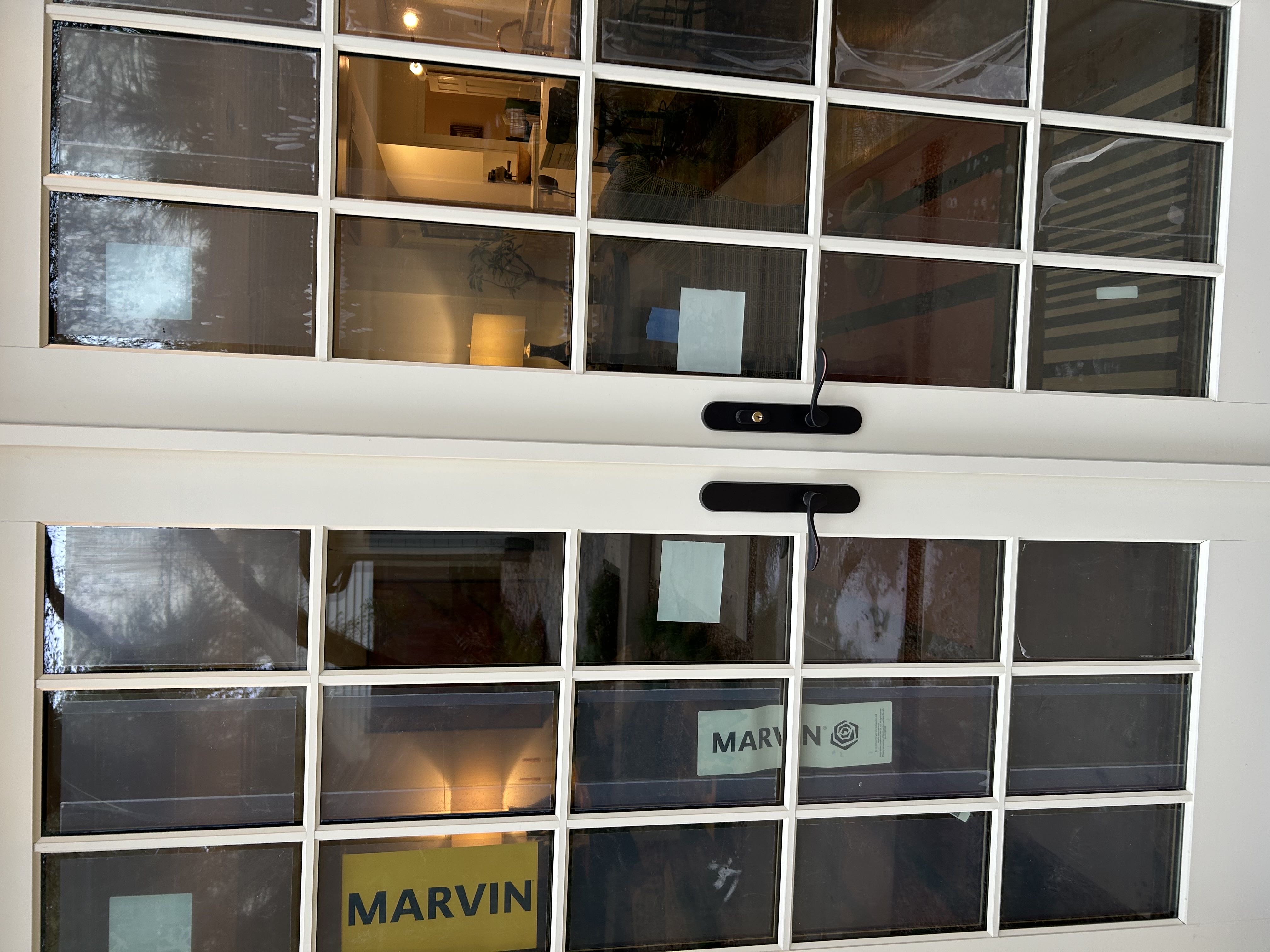 Marvin 6’0x7’0 open in patio swing doors, clad/wood, simulated divided lite.