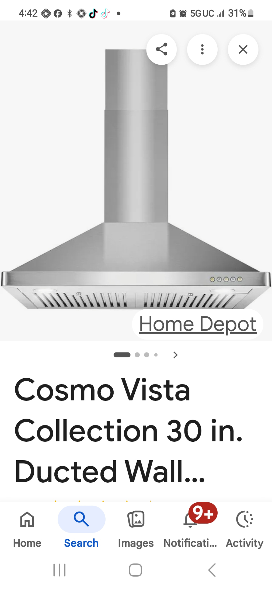 Cosmo Cos 30 inch wall mount range hood with push button controls 