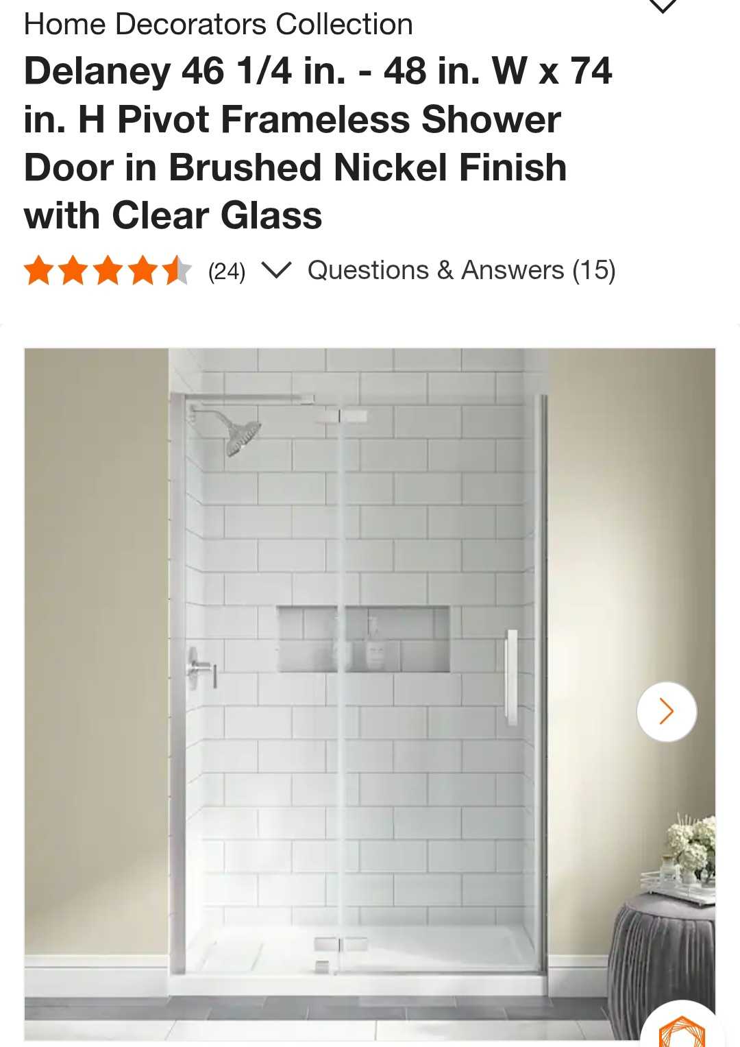 Home Decorators Collection Delaney 46 1/4 in. - 48 in. W x 74 in. H Pivot Frameless Shower Door in Brushed Nickel Finish with Clear Glass