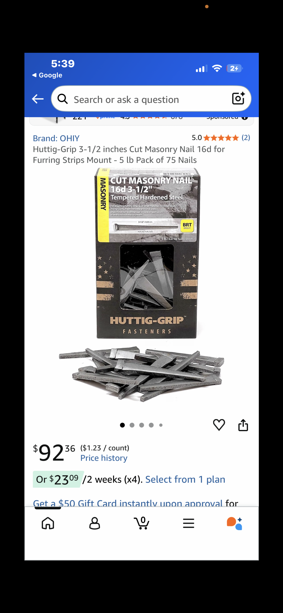 Cut masonry nail 16d  3 1/2”